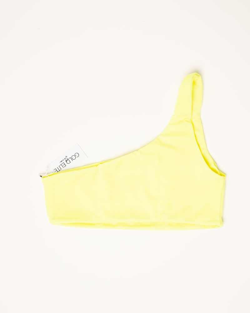 Front of a size L Zoey Bikini Top (one shoulder) in Neon Yellow by Gold Elite Apparel. | dia_product_style_image_id:284757